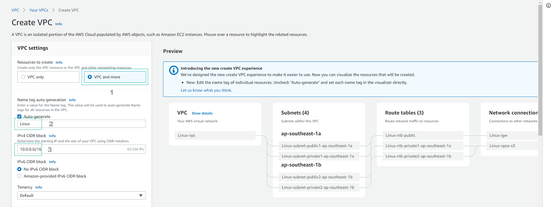 create vpc for linux instance