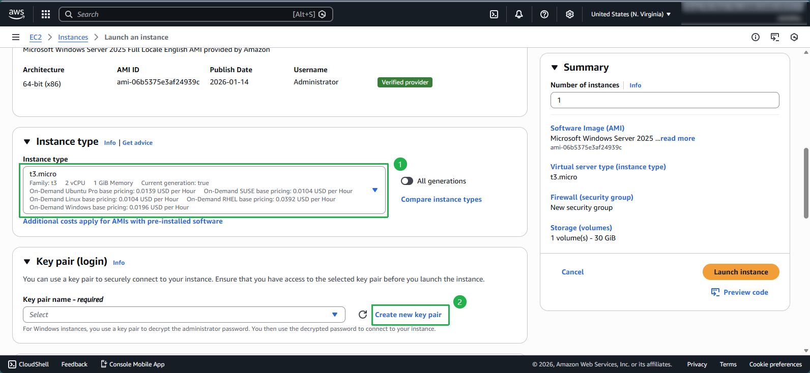 Select instance type and create key pair