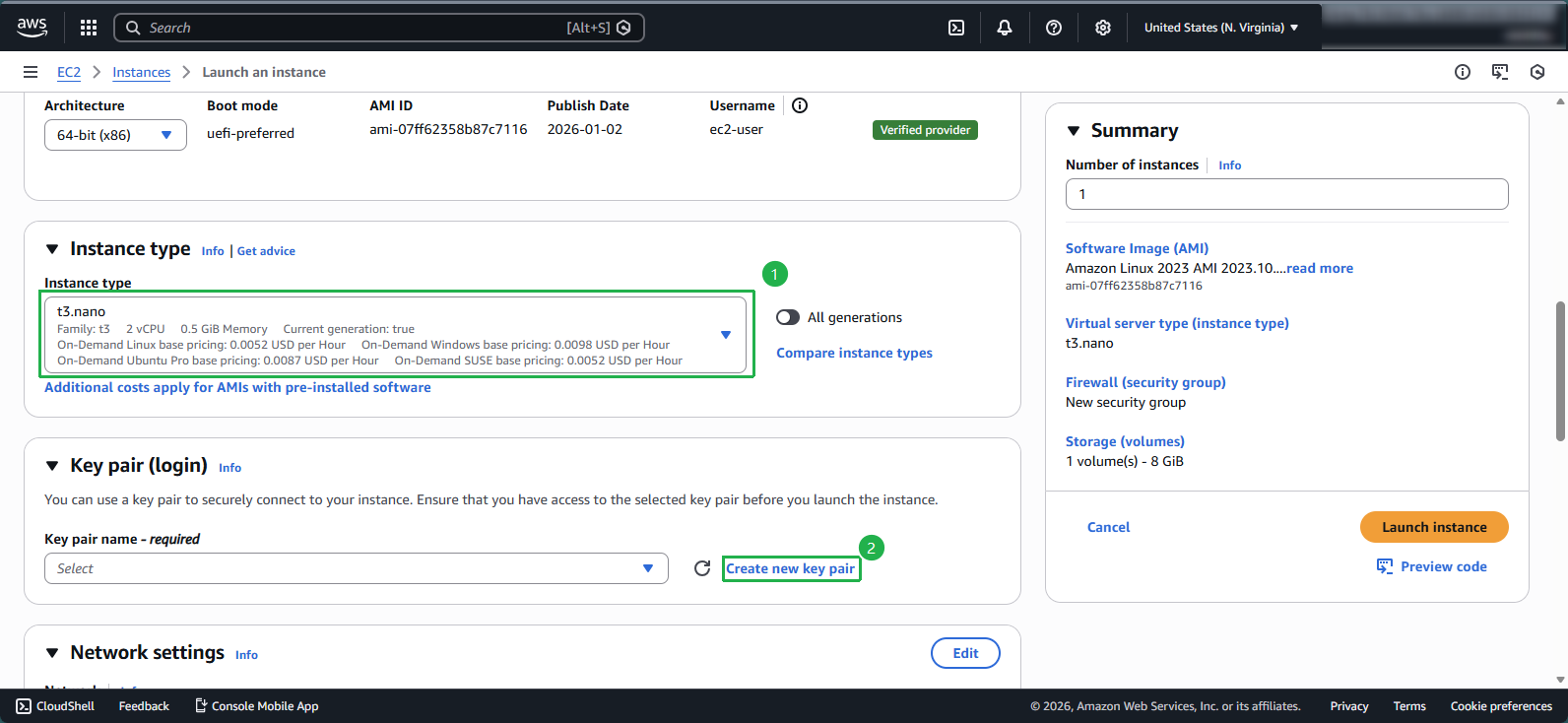 Select instance type and create key pair