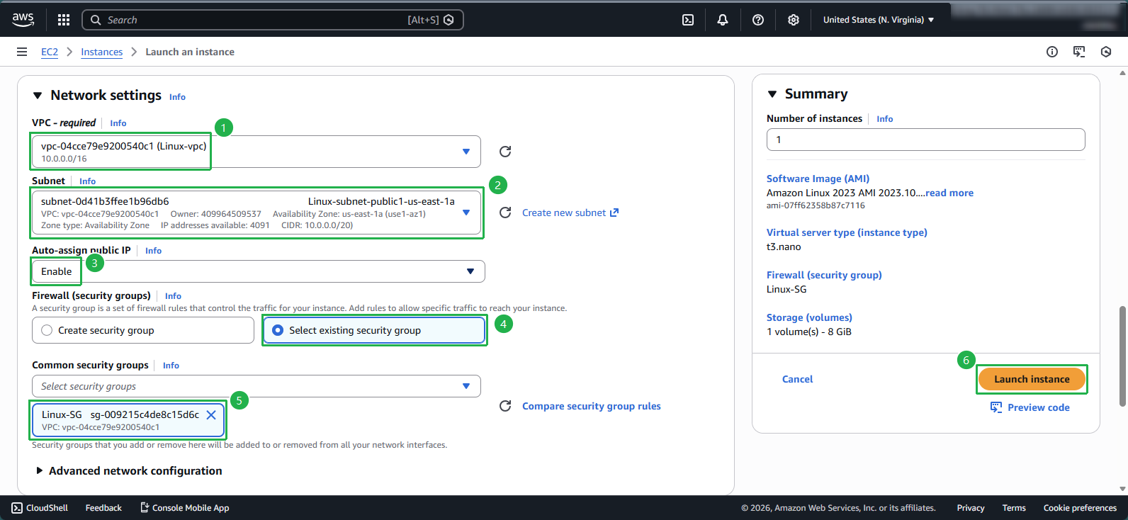 Configure network settings and launch instance