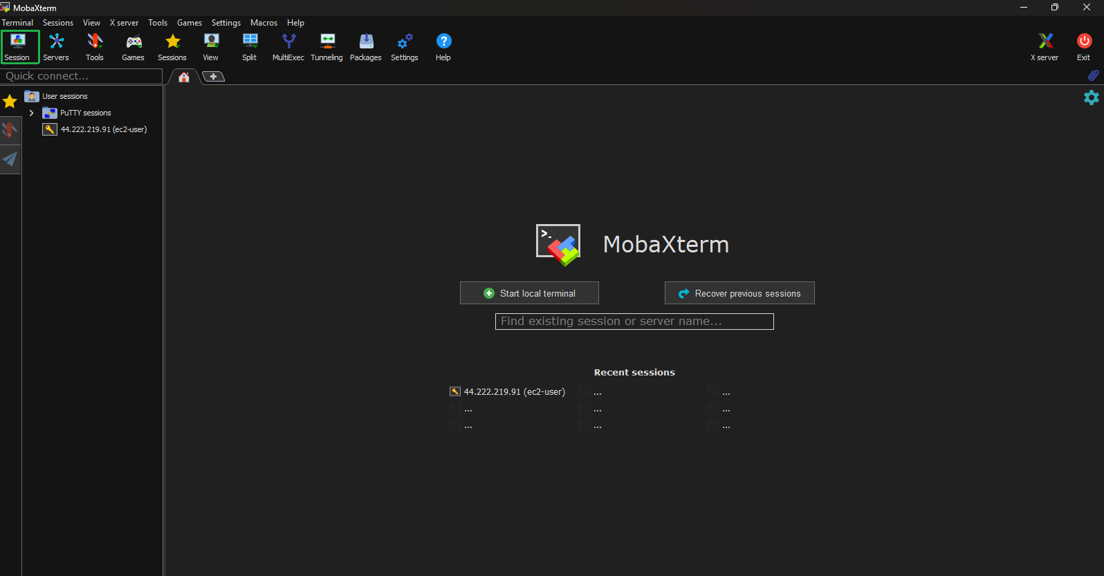Open MobaXterm and select Session