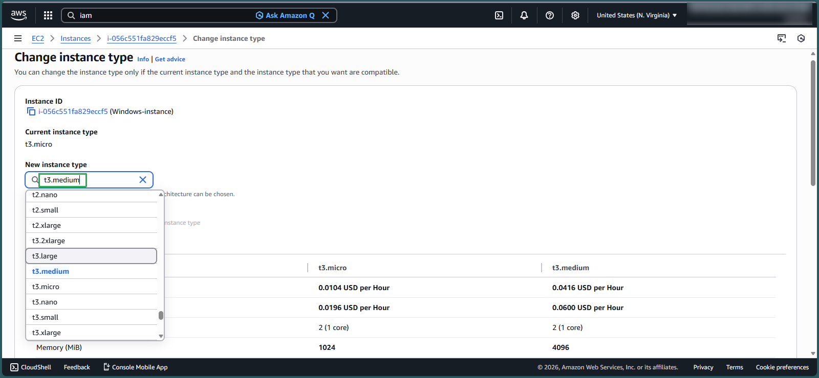 Selecting new instance type