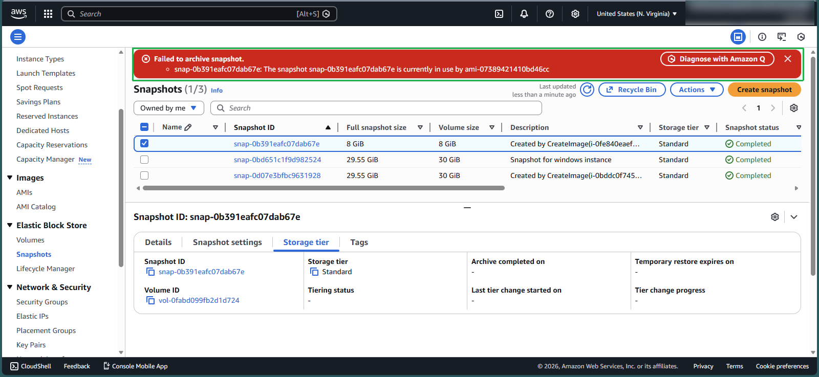 Error when archiving a snapshot associated with an AMI