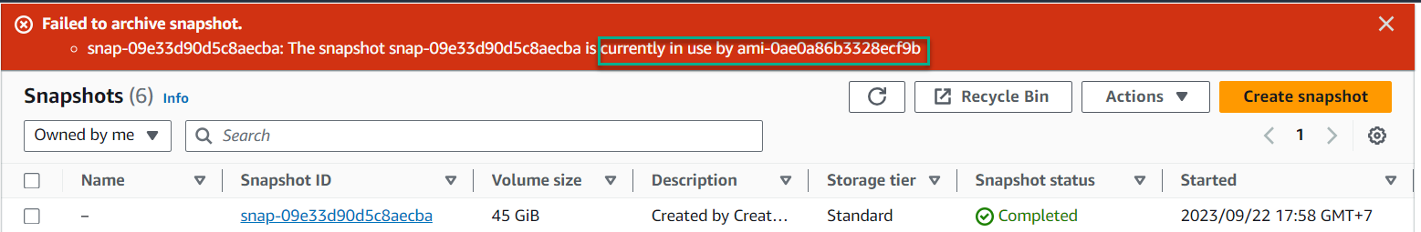 Error when archiving a snapshot associated with an AMI