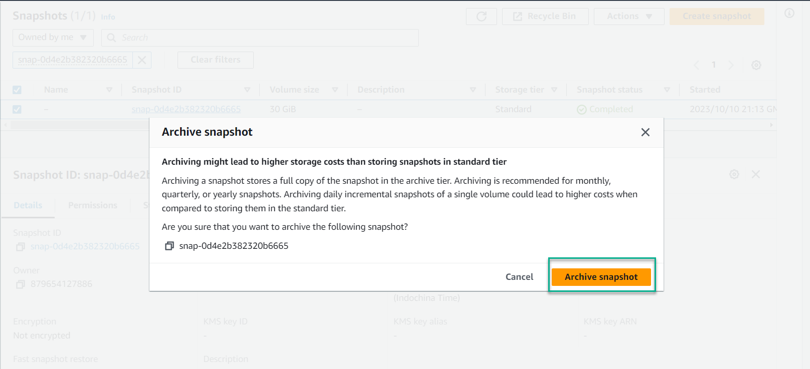 Confirming snapshot archiving