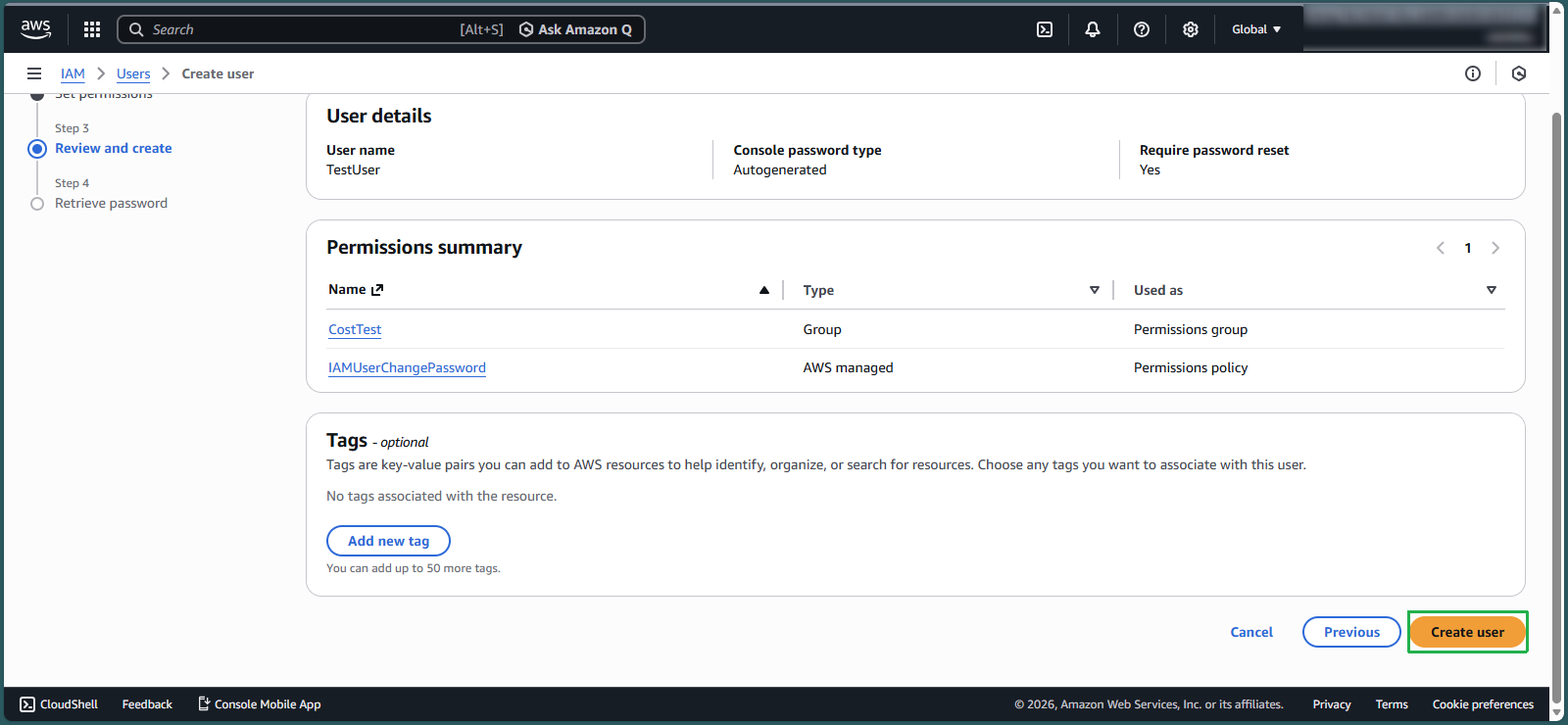 Reviewing and creating the user