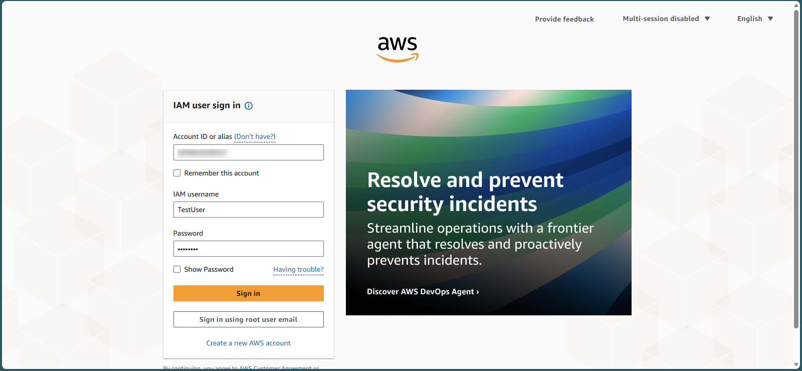 Signing in with the test user