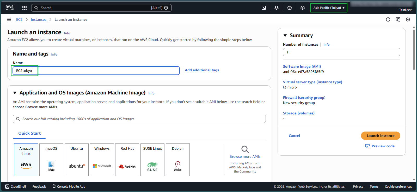 Attempting to create an instance in Tokyo