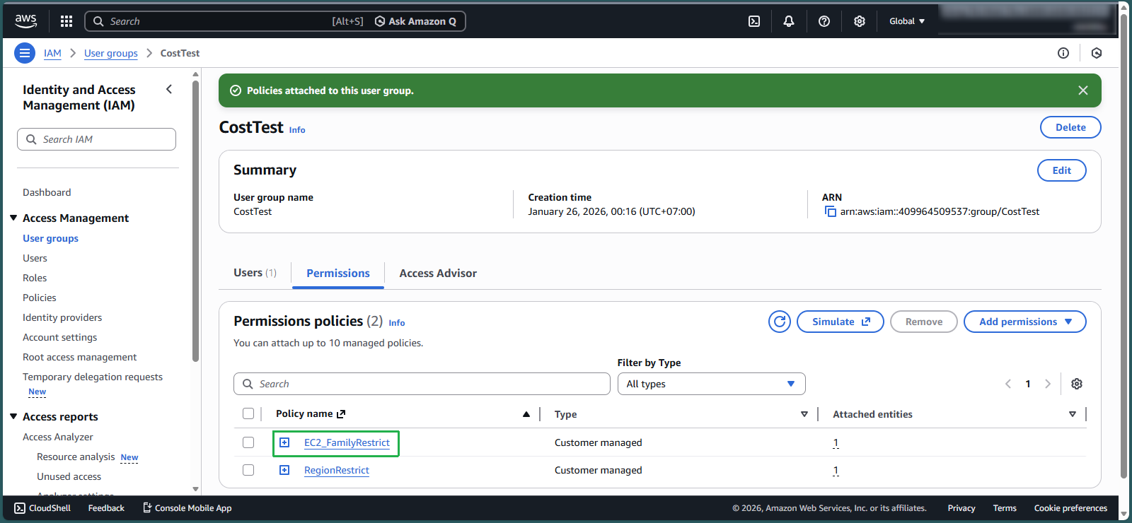 Reviewing attached policies