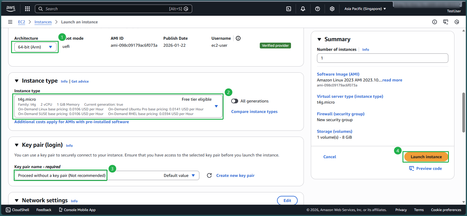 Selecting Arm architecture, t4g instance type and Launching without key pair 