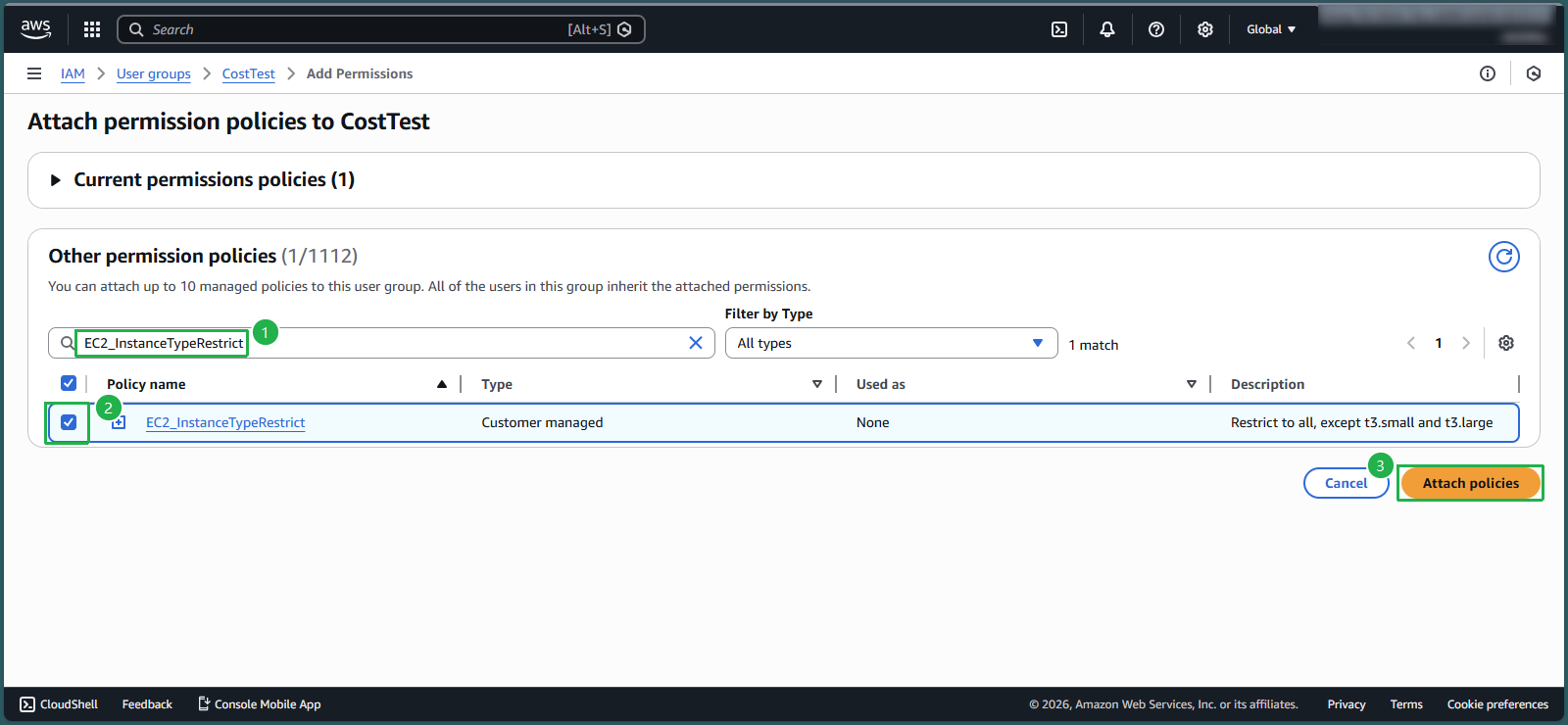 Attaching the instance type restriction policy