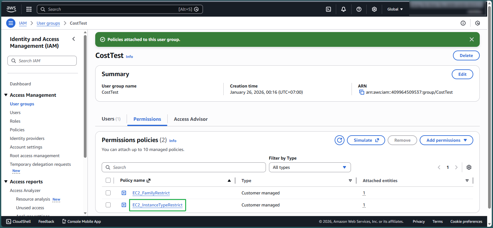 Reviewing attached policies