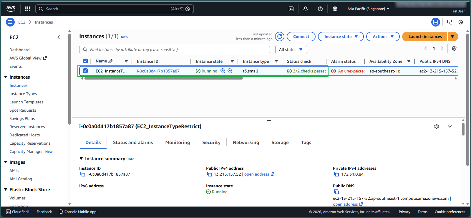 Successfully created t3.small instance