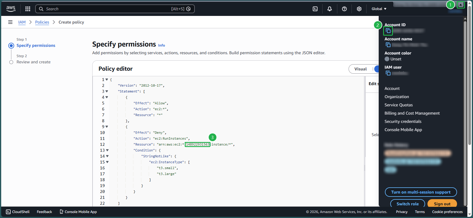 Policy editor with instance type restrictions