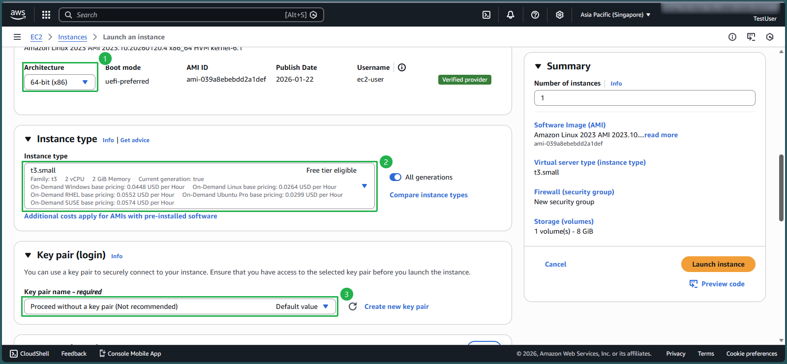 Selecting instance type and key pair