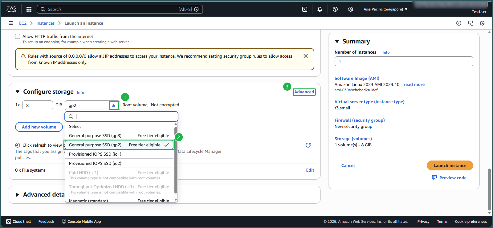 Selecting gp2 volume type